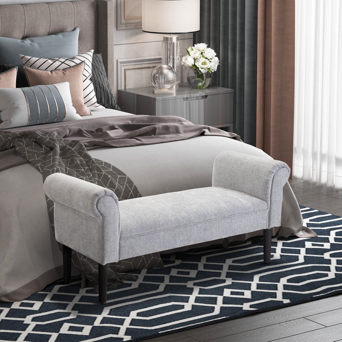 Bapazi Fabric Grey Upholstered Bed End Bench With Arm And Wooden Legs