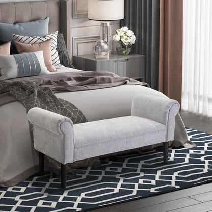 Bapazi Fabric Grey Upholstered Bed End Bench With Arm And Wooden Legs