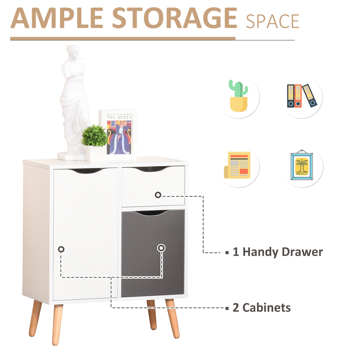 Suyopa Grey Wood Sideboard 1 Drawer 2 Doors Storage And Solid Wood Legs