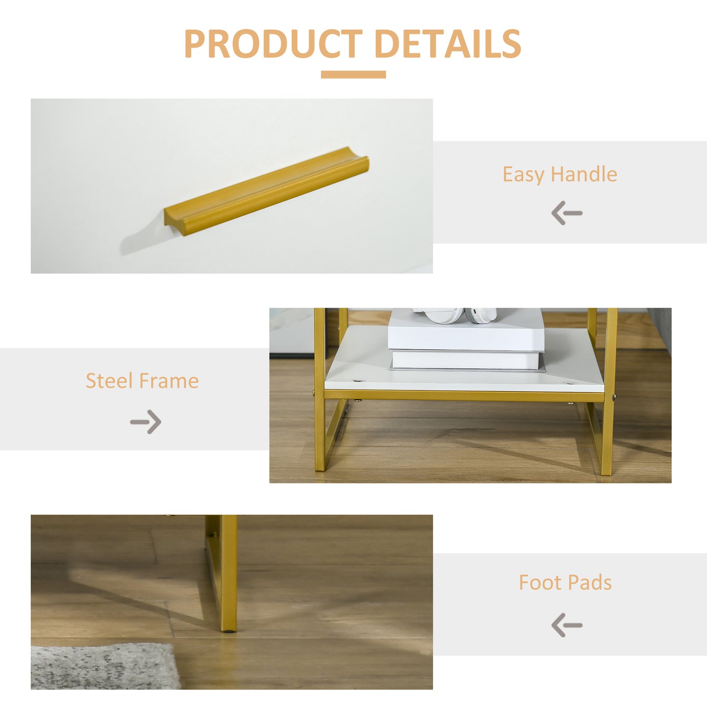 Safifi White Modern Bedside Table 1 Drawer 1 Shelf With Gold Accents