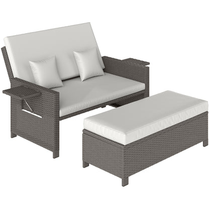 Taelre Rattan Light Grey Outdoor Daybed With Matching Footstool White Cushions