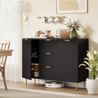 Surara Baro Black Ribbed 2 Door Sideboard 3 Drawers 2 Shelves Gold Accents