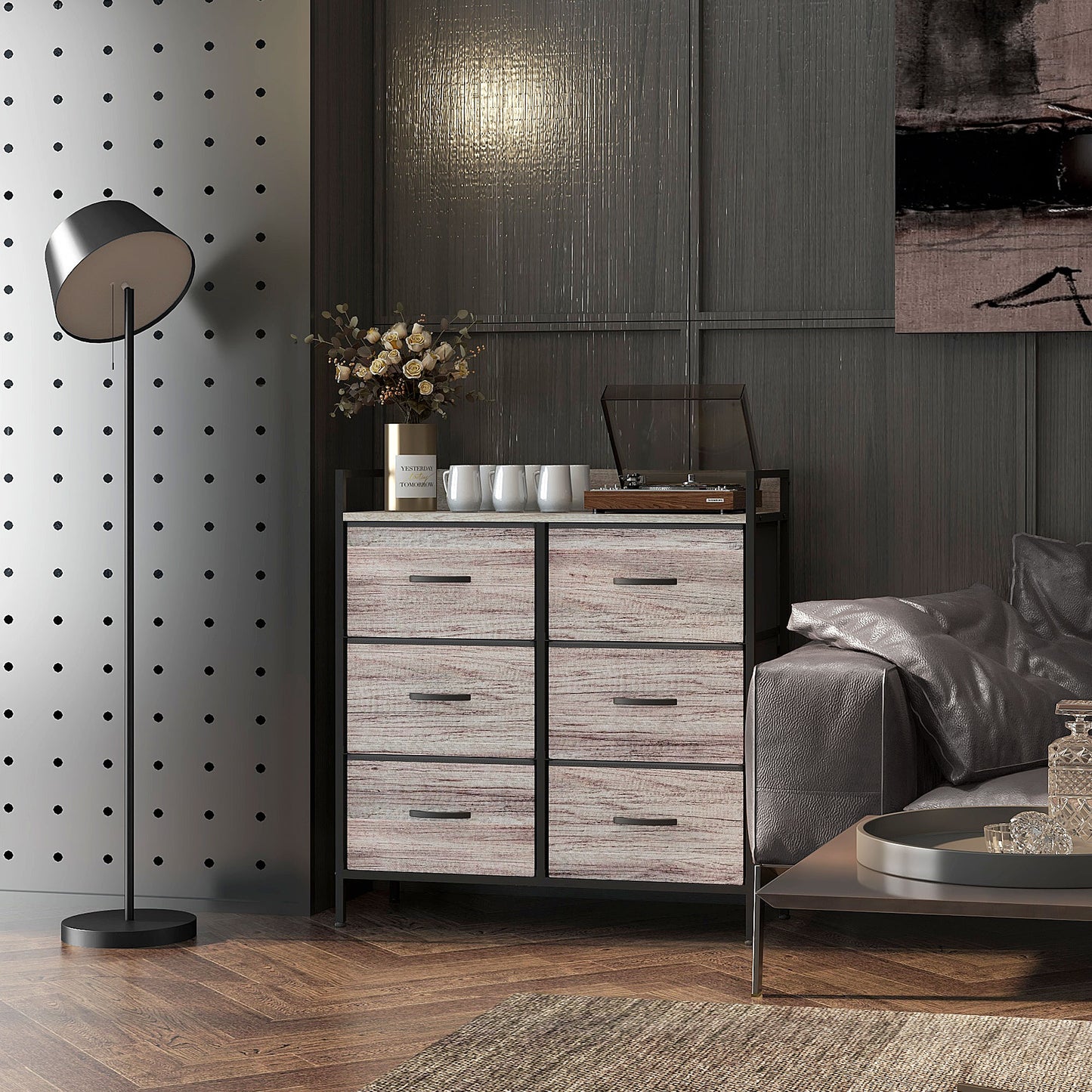 Ferris Fabric And Wood Grey Wood Effect 6 Drawer Rustic Storage Chest