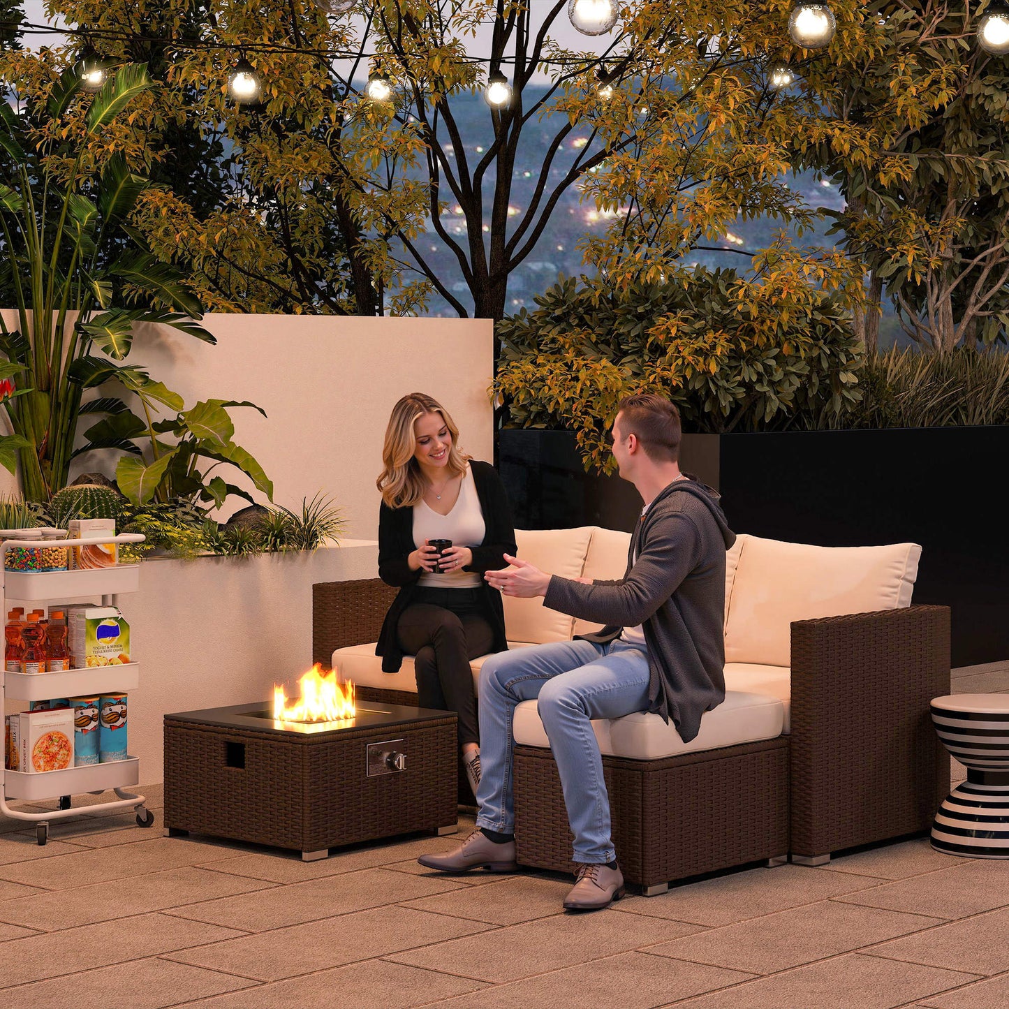 Dirone Rattan Brown And Cream 4 Seater Garden Furniture Set With Gas Fire Pit Table And Footstool