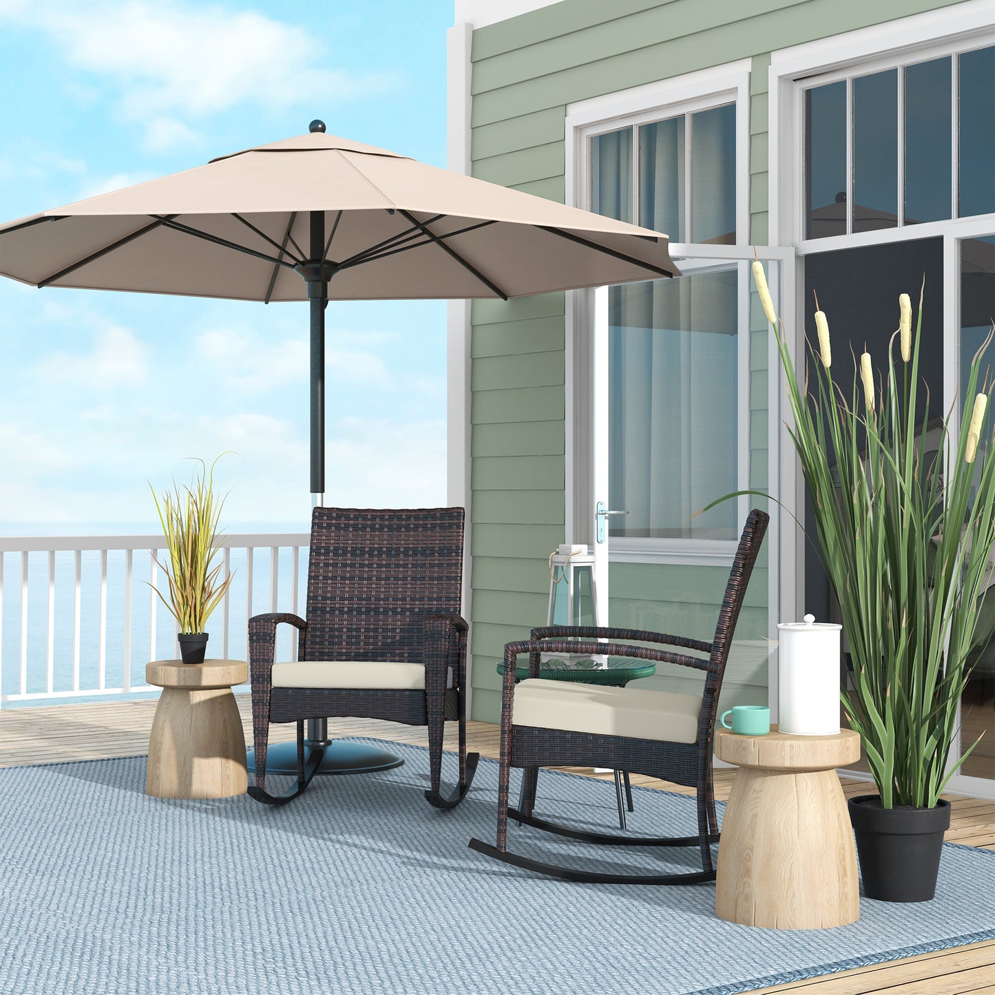 Ralave Set Of 2 Brown Rattan Garden Rocking Chairs With Cushions