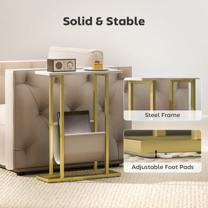 Vanozi Wooden White Marble Grain Slim Side Table With Magazine Holder For Small Spaces