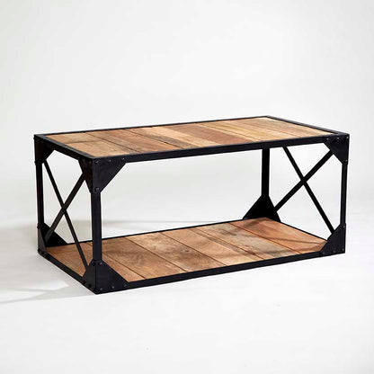 Oulu Industrial Reclaimed Wood and Metal Vintage Coffee Table Bottom Shelf