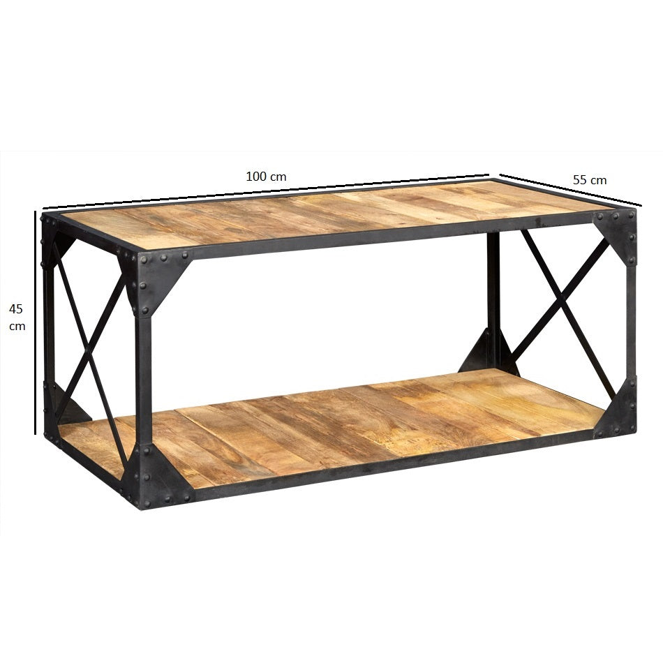 Oulu Industrial Reclaimed Wood and Metal Vintage Coffee Table Bottom Shelf