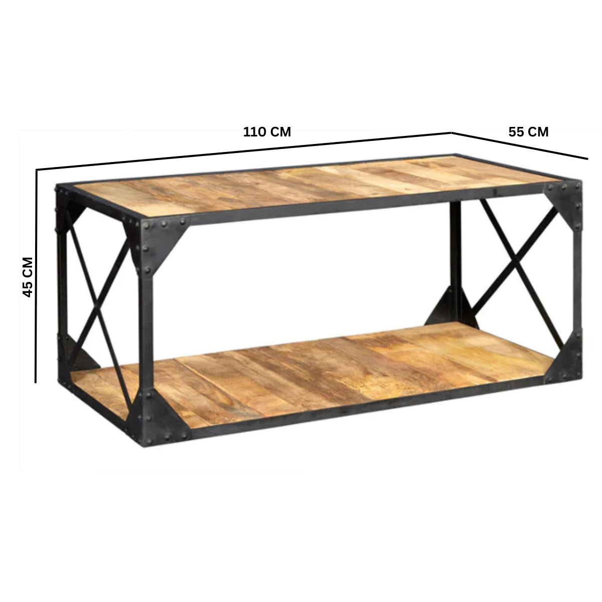 Oulu Industrial Reclaimed Wood and Metal Vintage Coffee Table Bottom Shelf