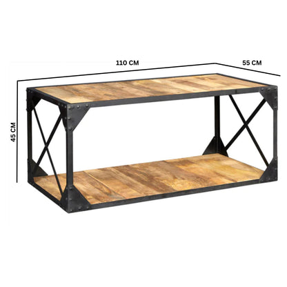 Oulu Industrial Reclaimed Wood and Metal Vintage Coffee Table Bottom Shelf