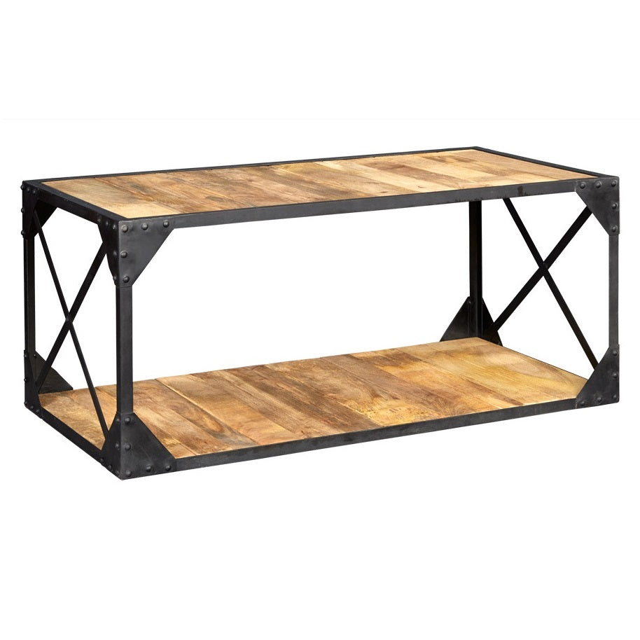 Oulu Industrial Reclaimed Wood and Metal Vintage Coffee Table Bottom Shelf