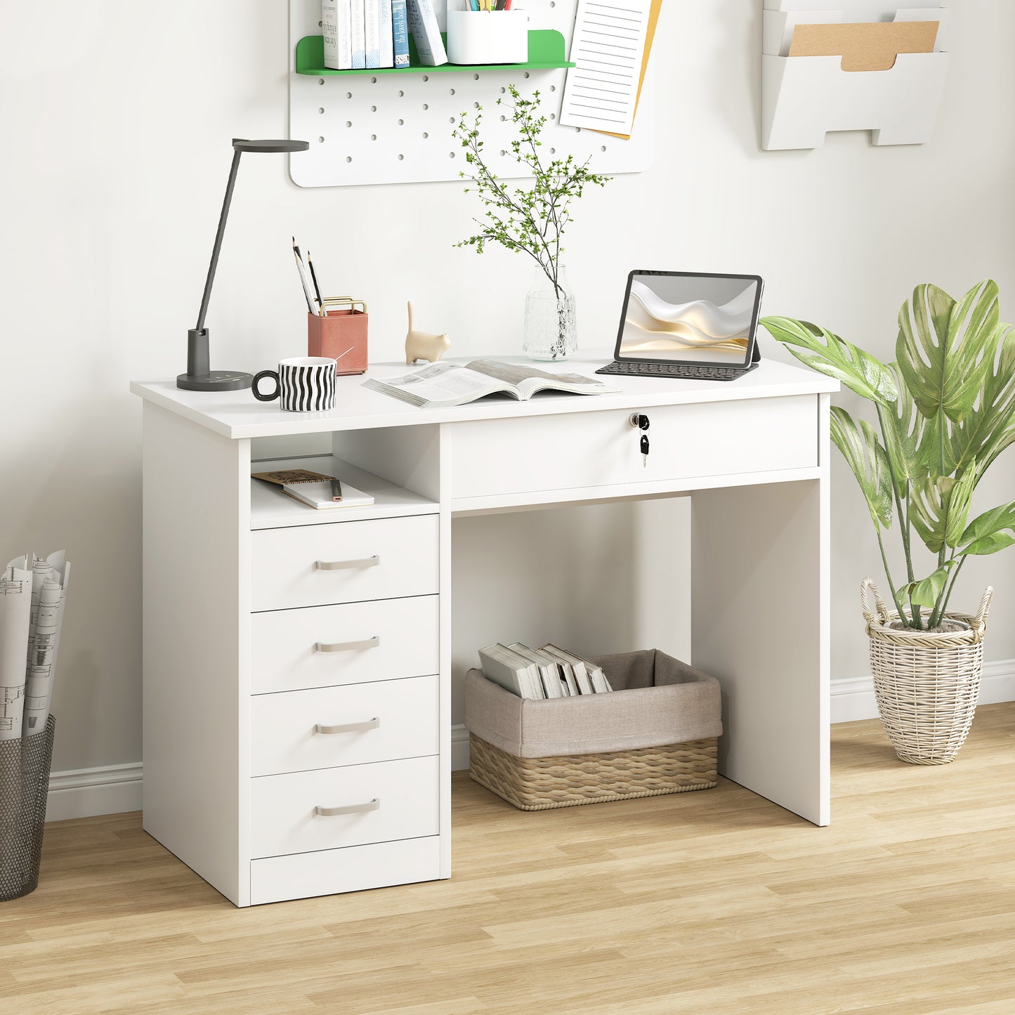 Fizita 110cm White Home Office Desk With 5 Storage Drawers