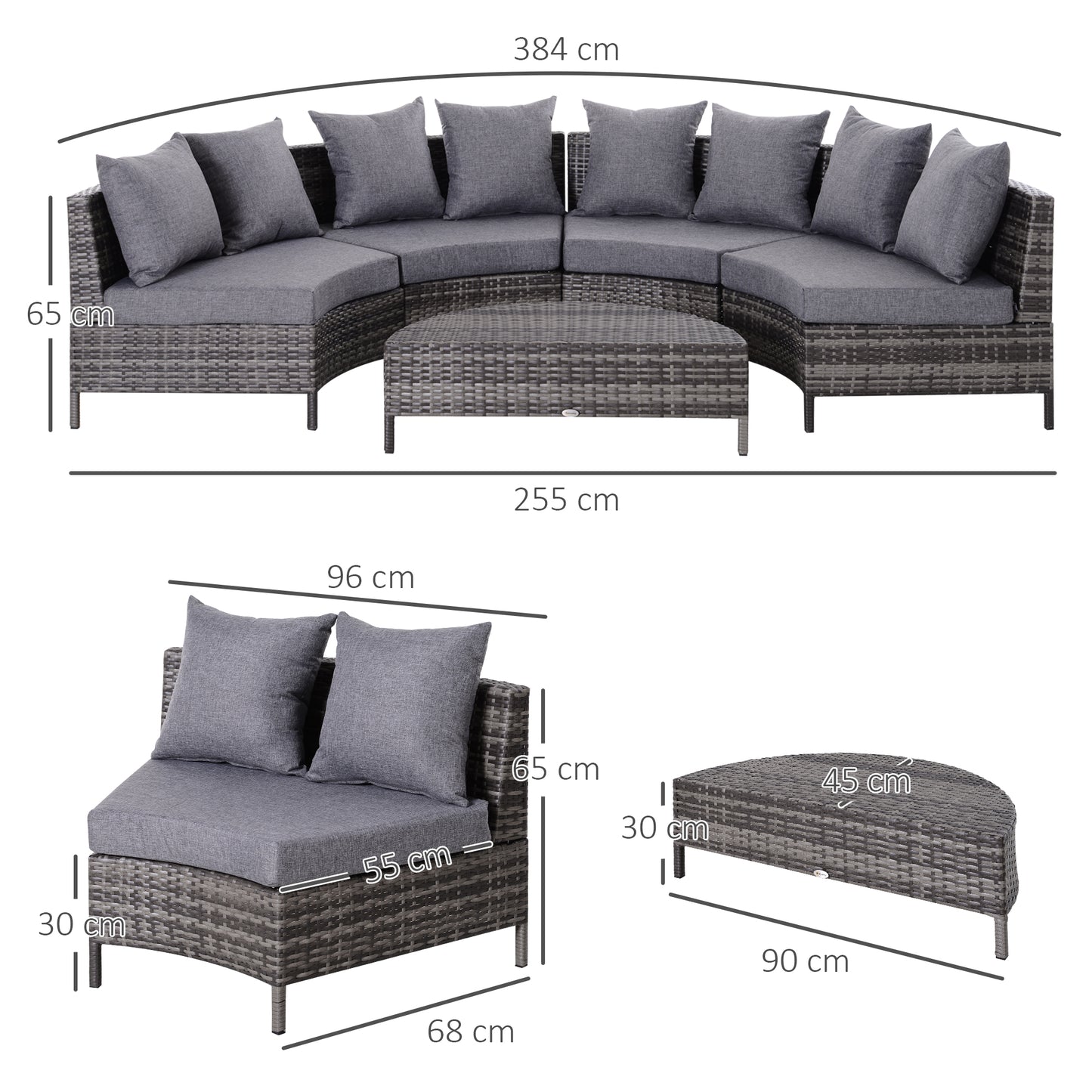 Reka Rattan Grey 5 Seater Half Round Outdoor Sofa Set With Coffee Table
