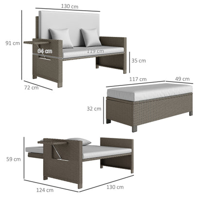 Taelre Rattan Light Grey Outdoor Daybed With Matching Footstool White Cushions