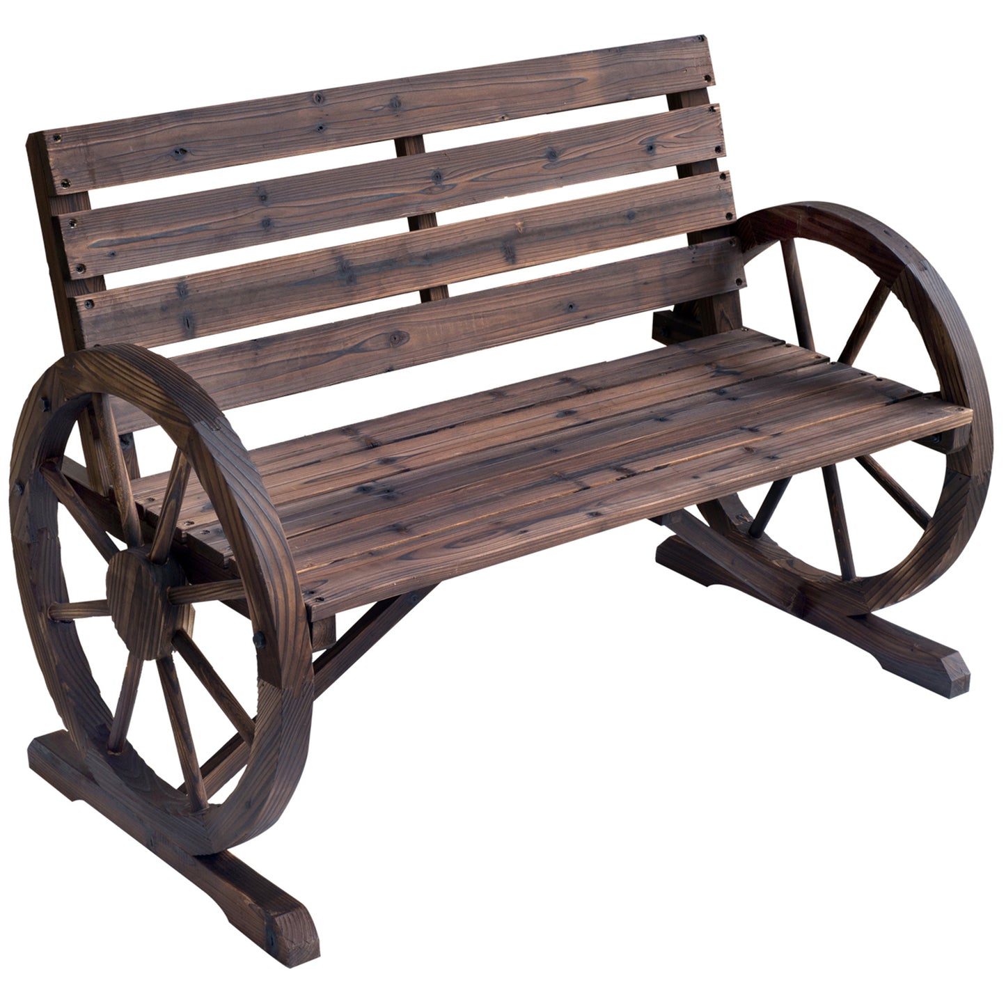 Linifi Wood Brown Rustic 2 Seater Garden Bench With Wagon Wheel Arms And High Back