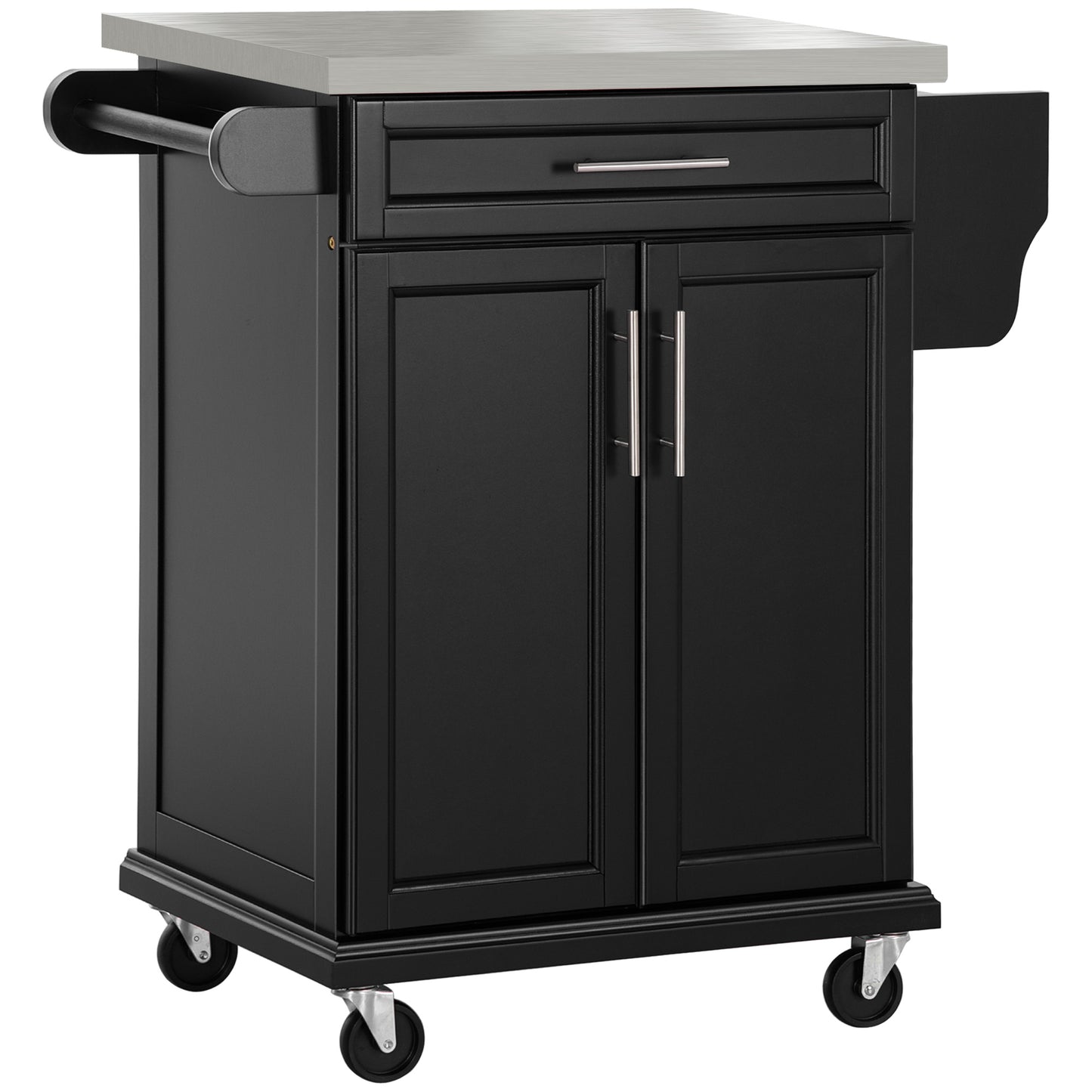 Paha Wood And Steel Black Kitchen Island Trolley With Stainless Steel Top Drawer And Side Rack