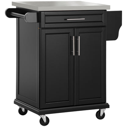 Paha Wood And Steel Black Kitchen Island Trolley With Stainless Steel Top Drawer And Side Rack