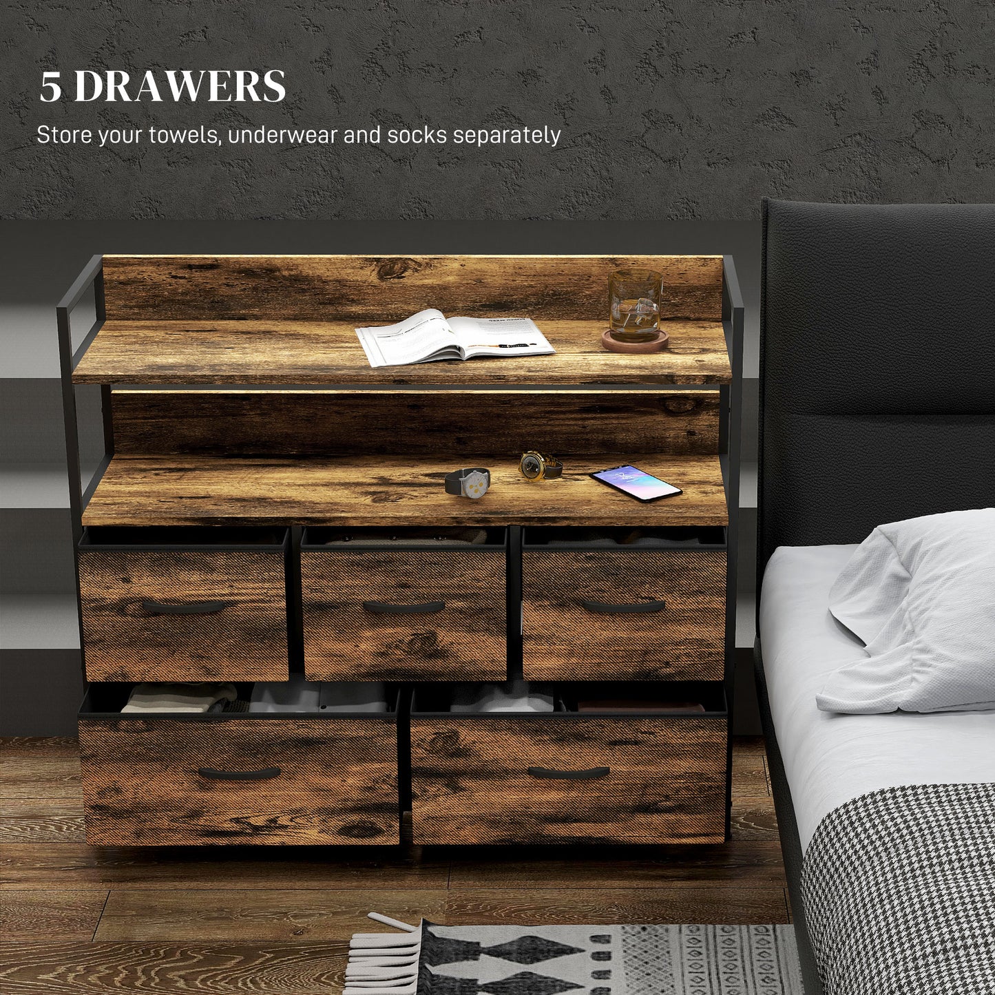 Yoyota Fabric And Wood Rustic Brown 5 Drawer Rustic Storage Chest