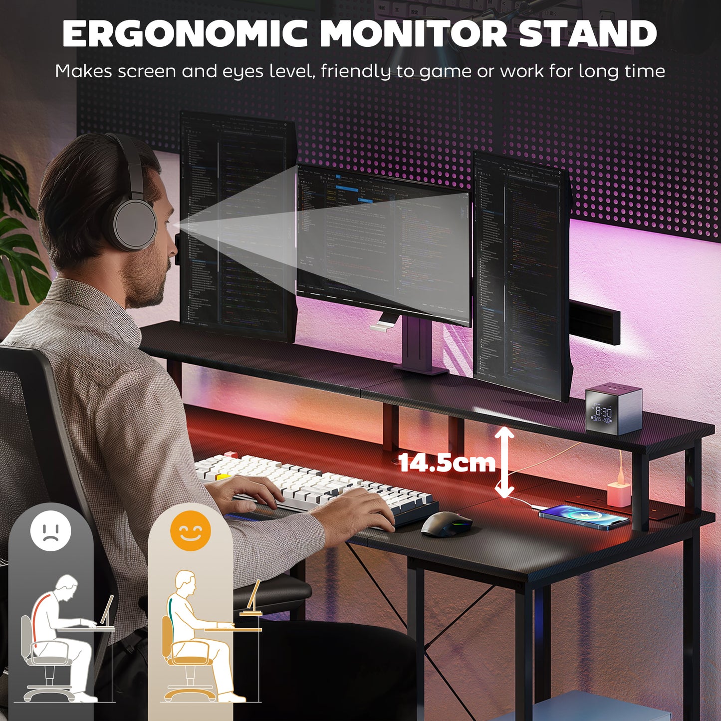 Sona 120cm Dark Grey Gaming Desk With Power Outlets And Storage Shelves