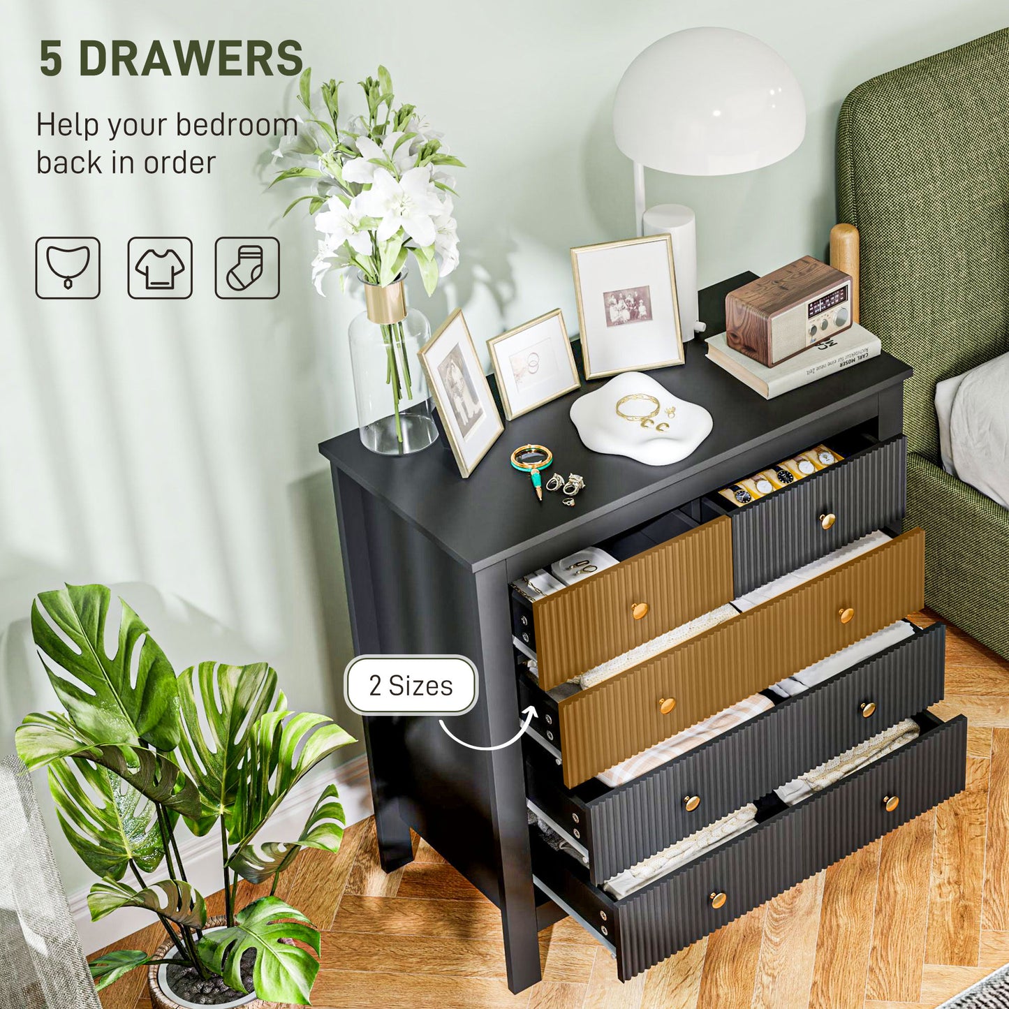 Dineta Wooden Black Elegant 5 Drawer Chest Of Drawers