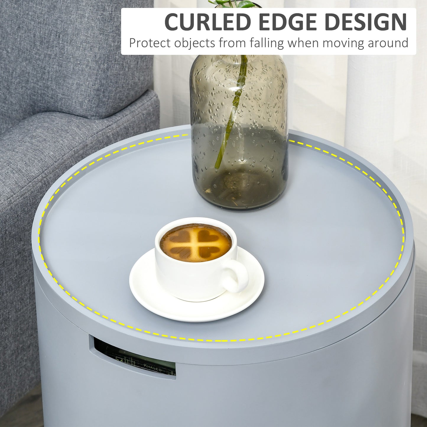 Temicco Wood Natural and Grey Round Bedside Table With Hidden Storage And Removable Tray