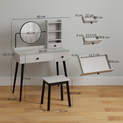 Ravato Grey Dressing Table And Stool Set With 3 Drawers And OFauxn Shelving