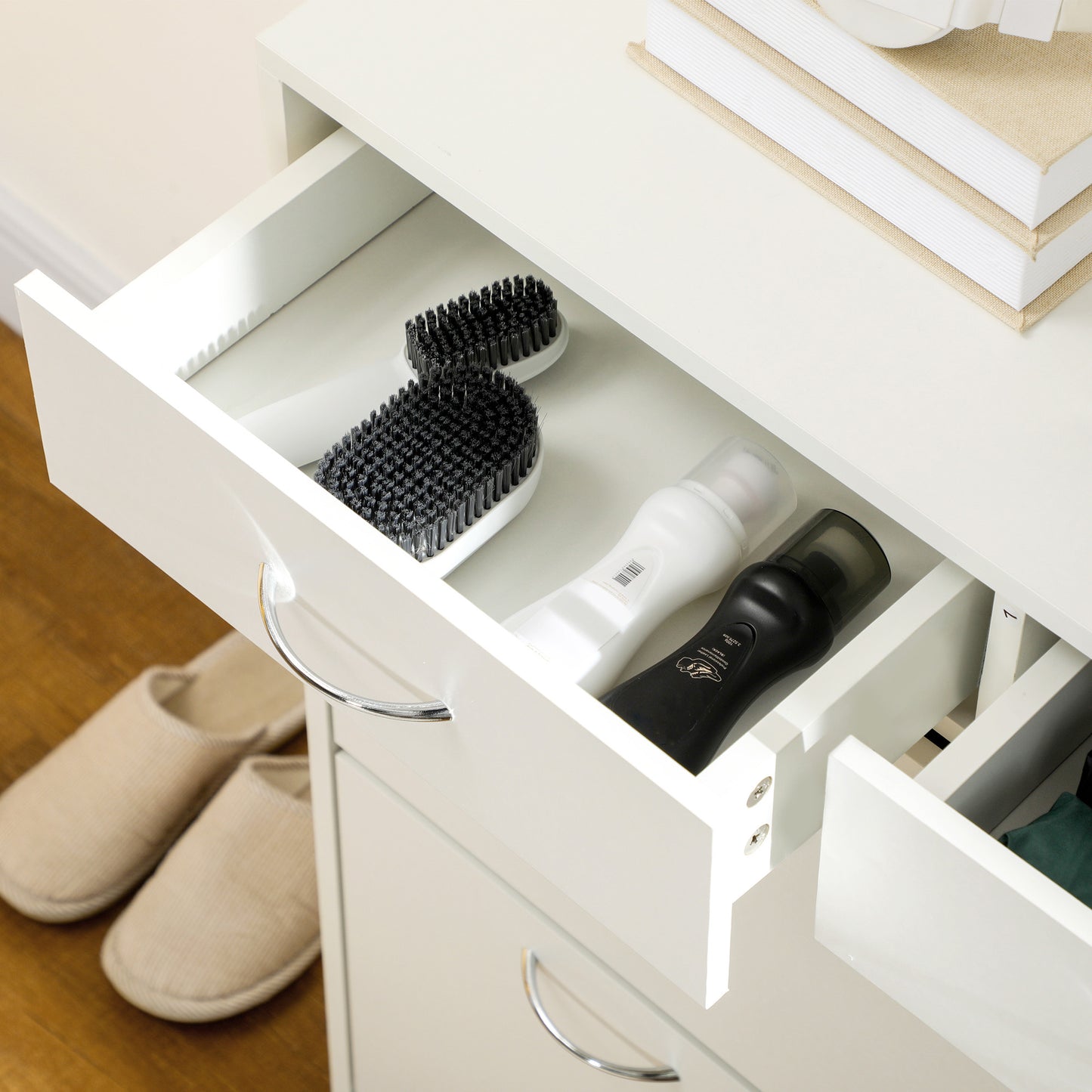 Fafina Wooden White Slim Shoe Cabinet With 2 Flip Drawers For 12 Pairs