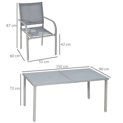 Mayoso 6 Seater Steel White and Grey Garden Dining Set With Glass Top Table And Stackable Chairs
