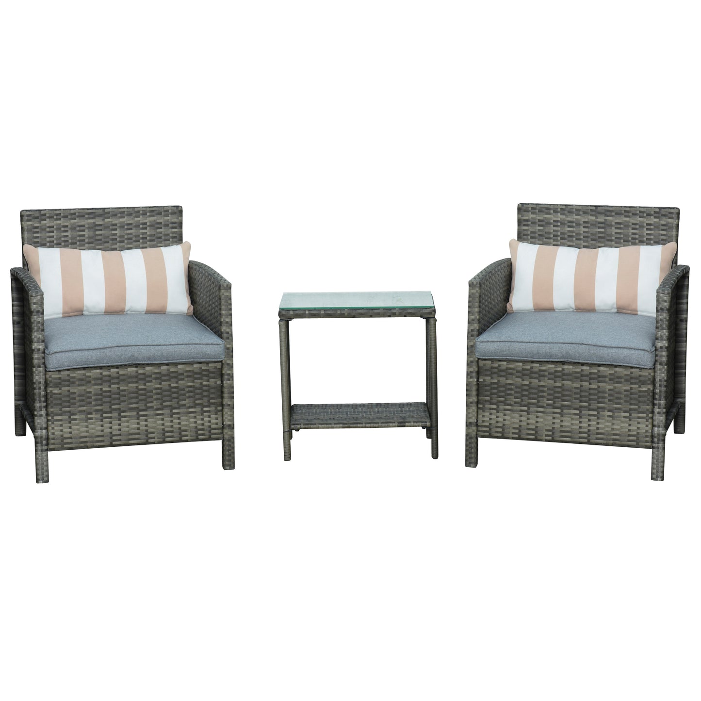 Vatara Grey Rattan Outdoor Garden 3 Piece Bistro Set With 2 Tier Glass Coffee Table And Stripe Cushions