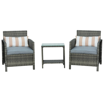 Vatara Grey Rattan Outdoor Garden 3 Piece Bistro Set With 2 Tier Glass Coffee Table And Stripe Cushions