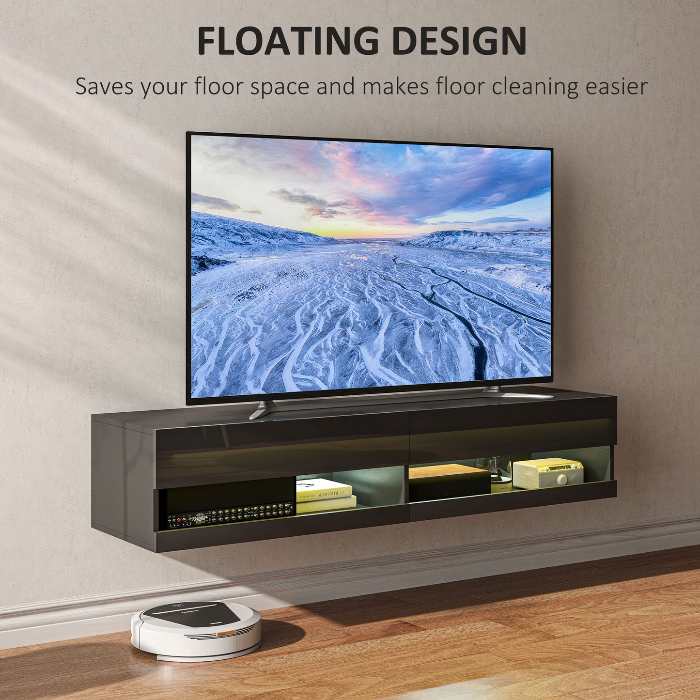 Vare 150cm High Gloss Black Floating TV Unit With LED Lighting For Screens Up To 65 Inches