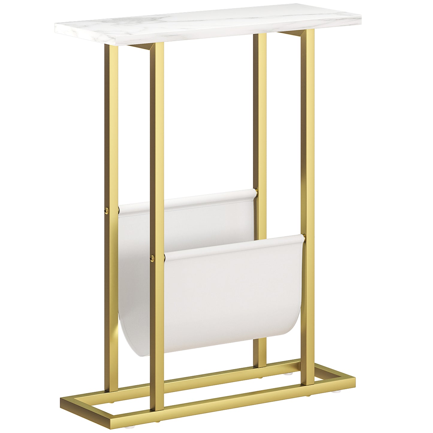 Vanozi Wooden White Marble Grain Slim Side Table With Magazine Holder For Small Spaces
