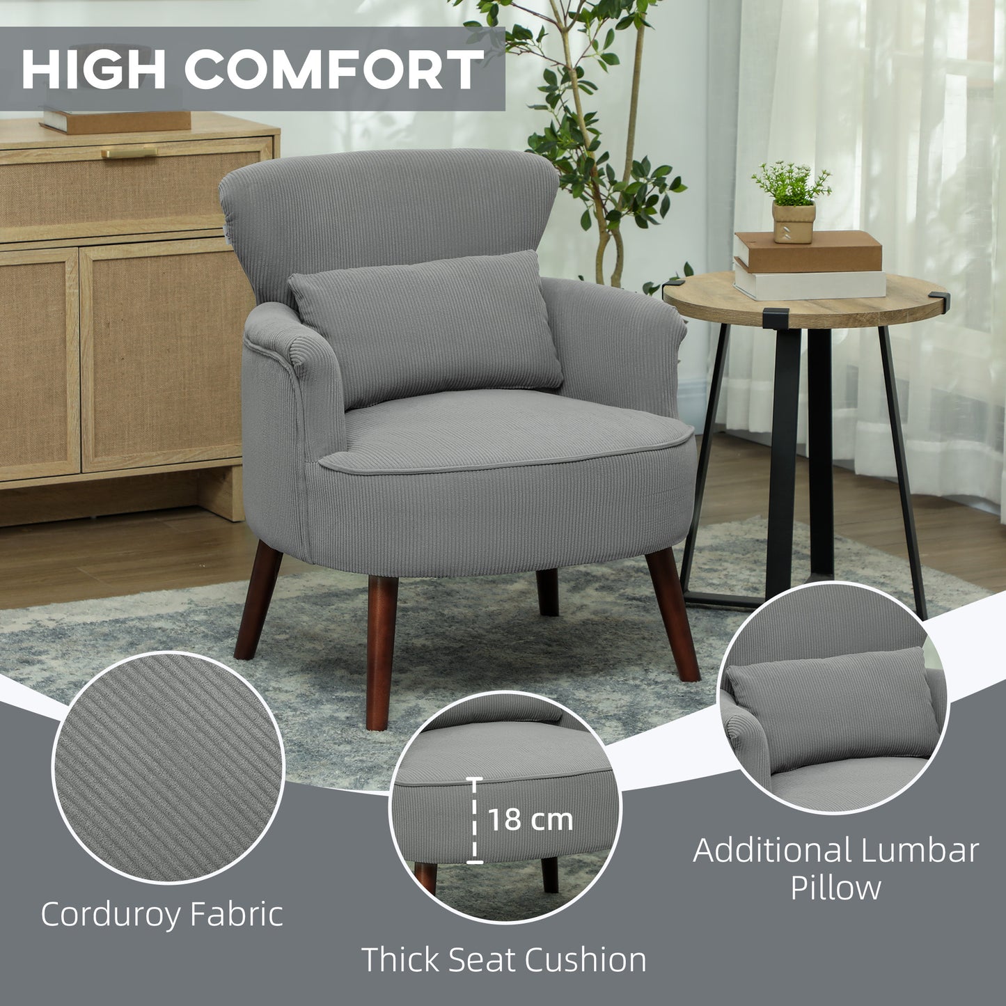 Zile Corduroy Light Grey Retro Style Accent Chair Angled Legs