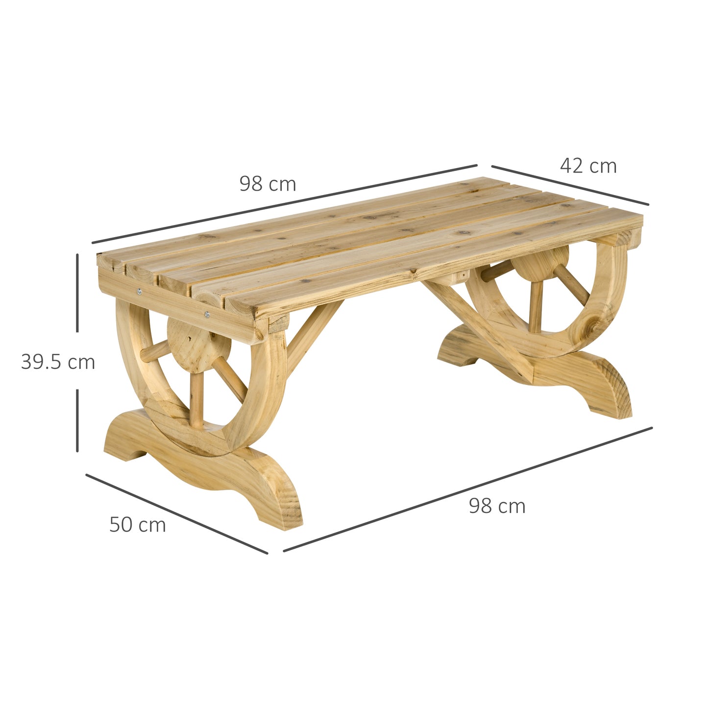 Bave Pana Wood Natural Rustic 2 Seater Garden Bench With Wagon Wheel Legs And Slatted Seat