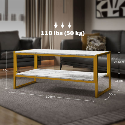 Vile Metal And Wooden White Marble Effect 2 Tier Coffee Table With Bottom Shelf