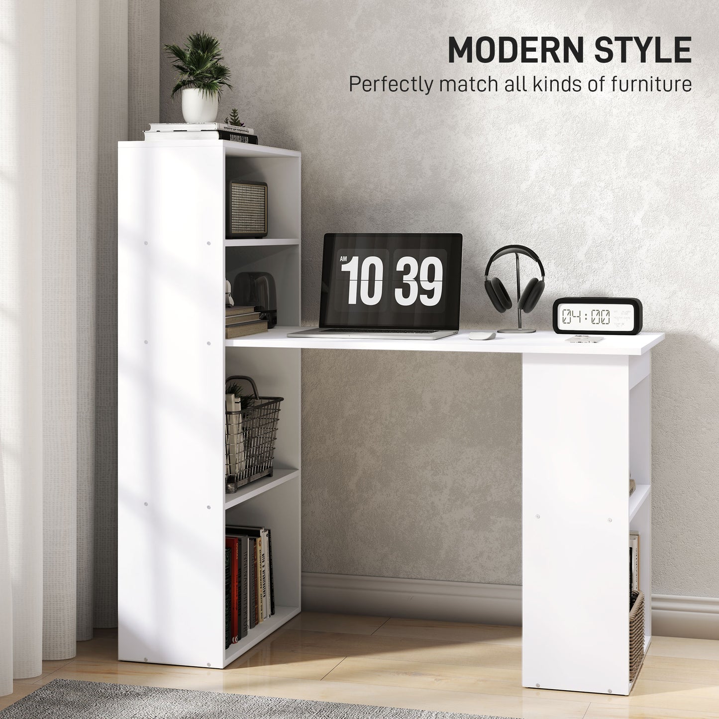 Zire 120cm Wooden White Study Desk With 6 Tier Bookshelf Storage