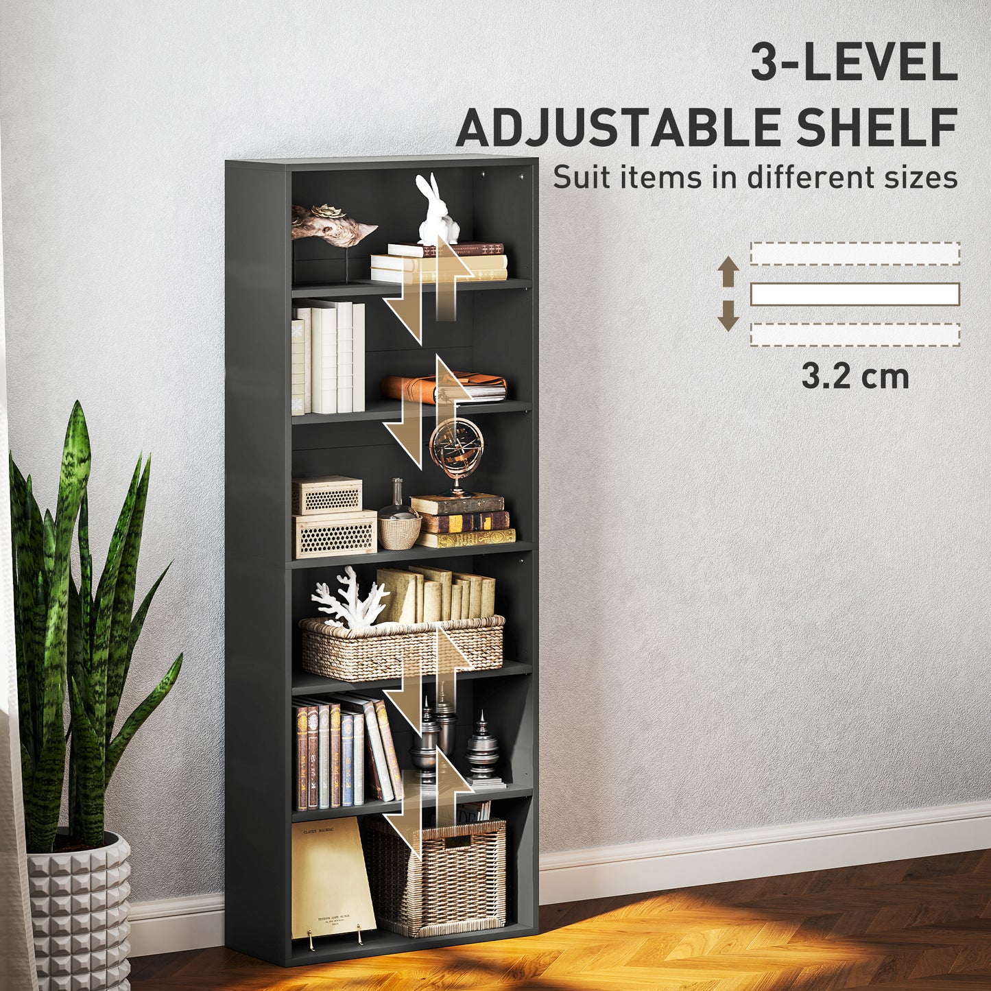 Nere Wood Black 6 Tier Bookcase