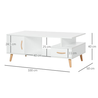 Lusayo Wooden White Minimalist Coffee Table With Storage Shelf And Drawer