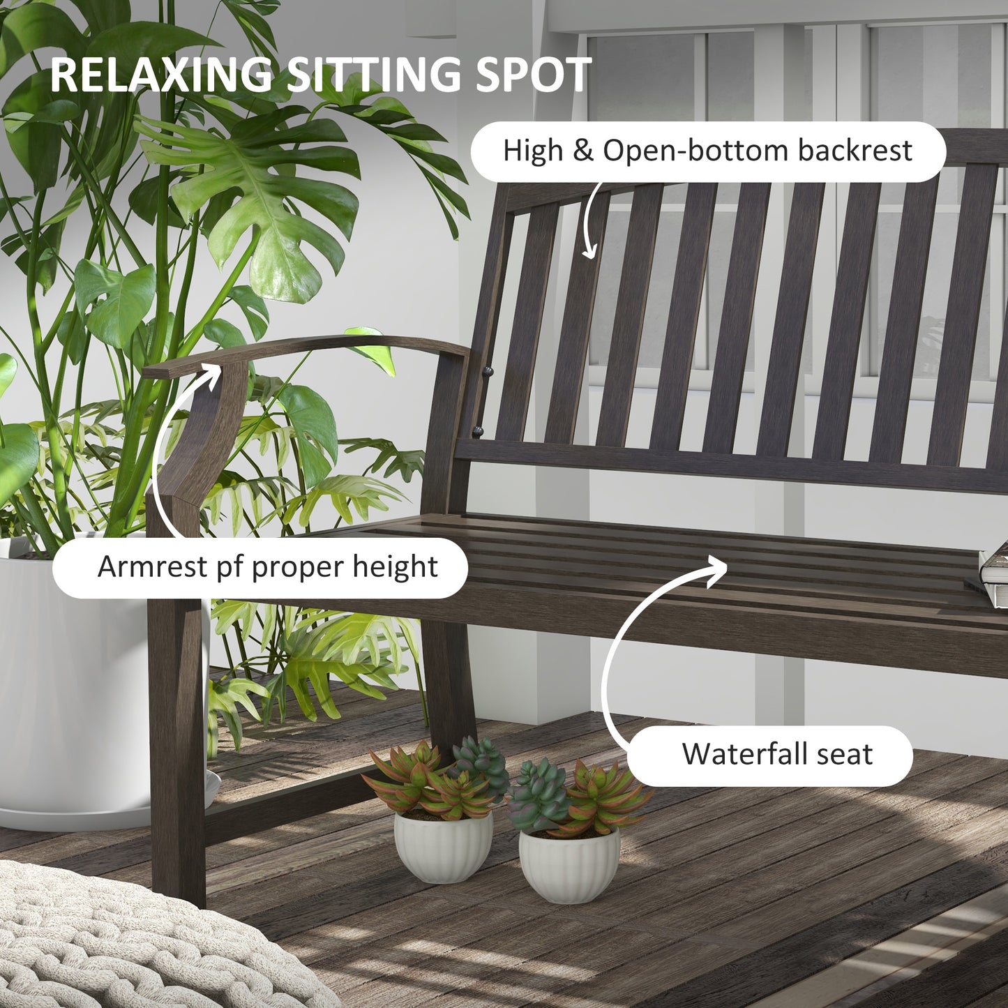 Lilu Metal Brown 2 Seater Outdoor Garden Bench With Slatted Frame