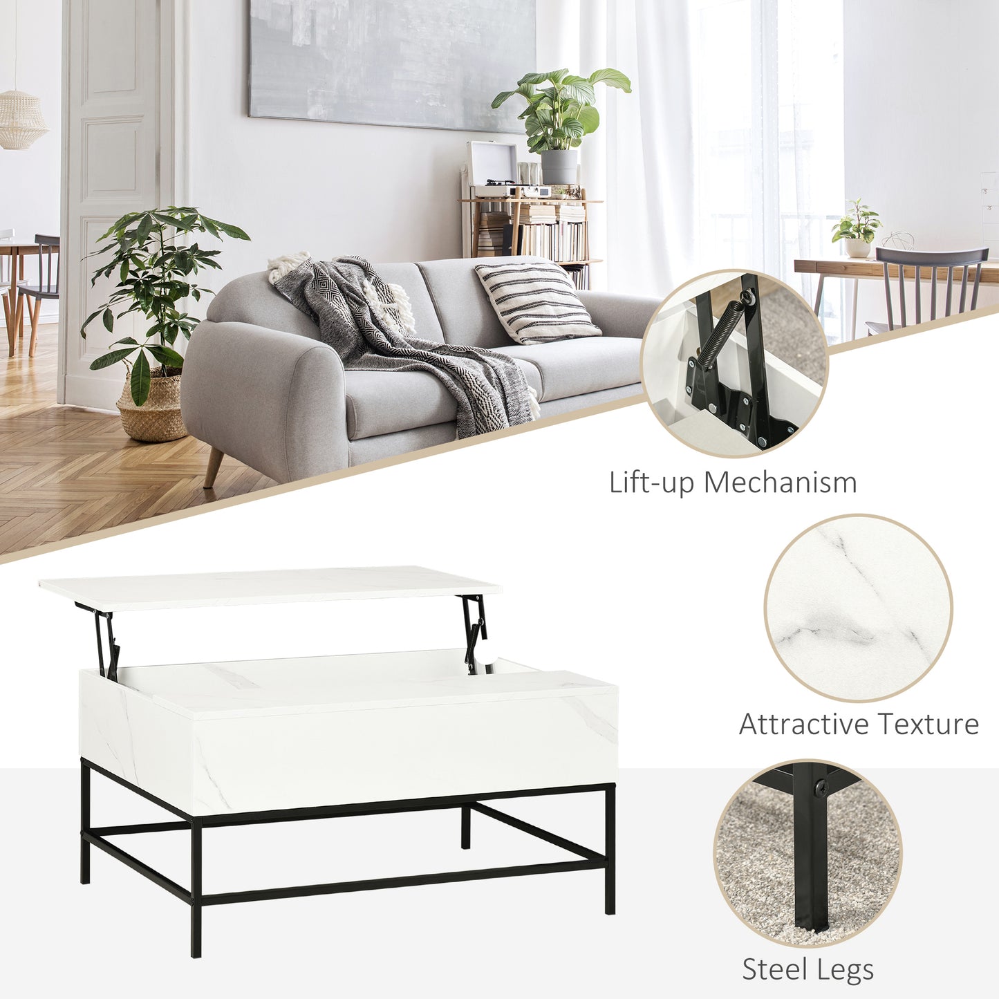 Rebafa Wooden Marble Effect White Lift Top Coffee Table With Hidden Storage