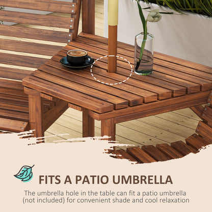 Topa Tan Brown Wood Garden Bistro Set Love Seat With Integrated Coffee Table And Parasol Hole