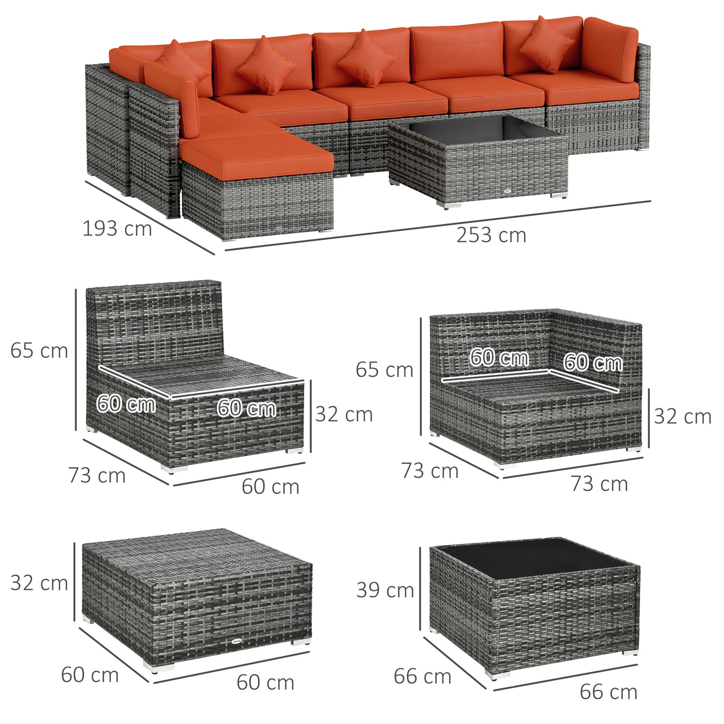 Yodosu Grey Rattan 5 Seater Outdoor Sofa Set with Orange Cushions