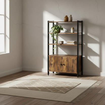 Reneco Metal And Wood Rustic Brown 3 Tier Industrial Bookshelf With Doors