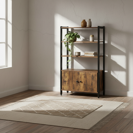 Reneco Metal And Wood Rustic Brown 3 Tier Industrial Bookshelf With Doors