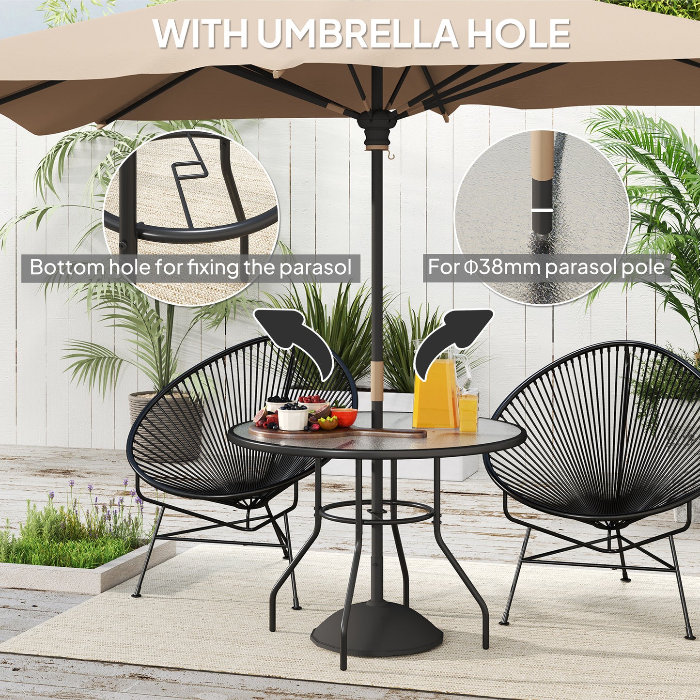 Rekapa Metal Black Glass Top Outdoor Table With Central Parasol Hole