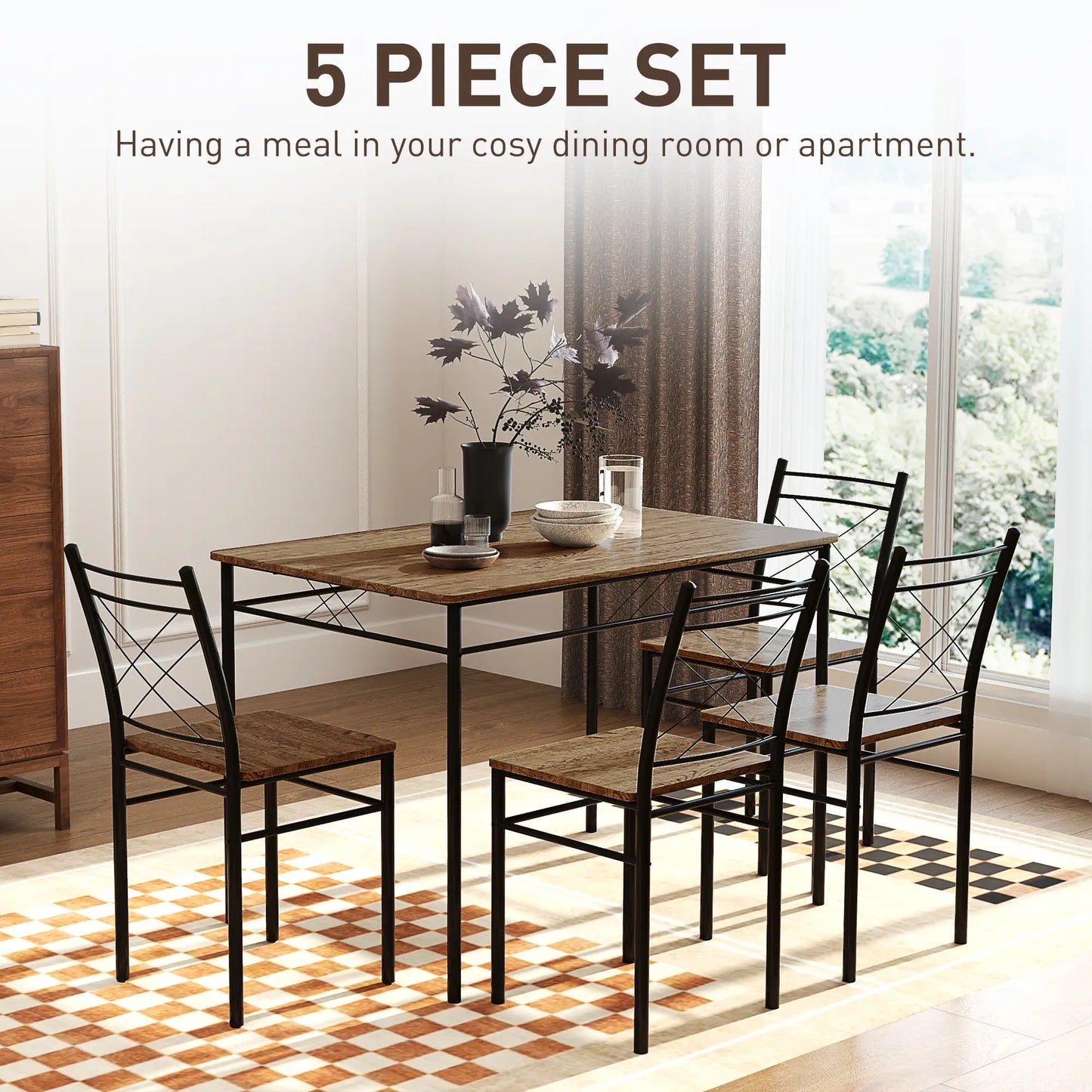 Birutte Wooden Oak Effect And Black 5 Piece Minimal Dining Set
