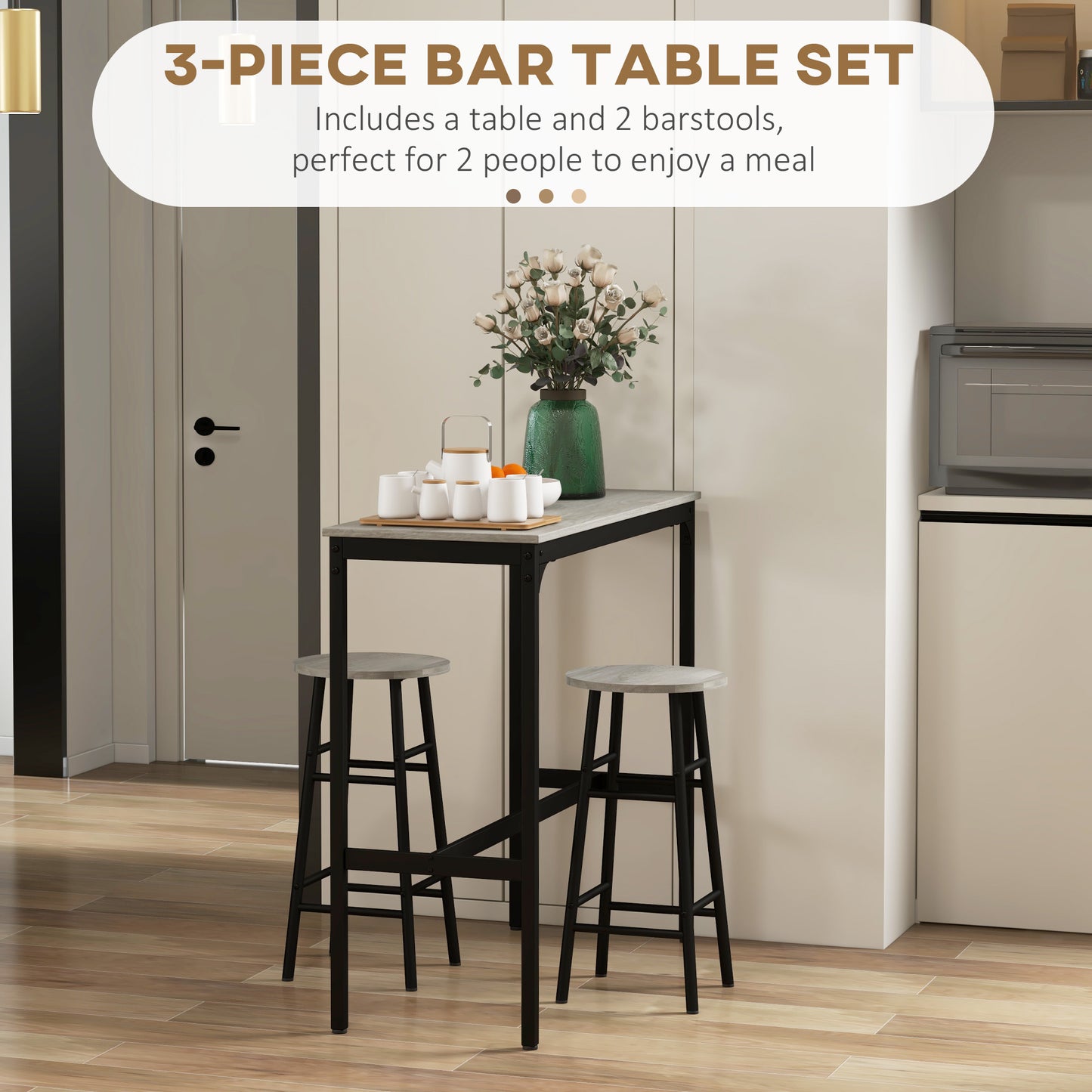 Dirive Wooden Grey 3 Piece Industrial Bar Table And Stool Set