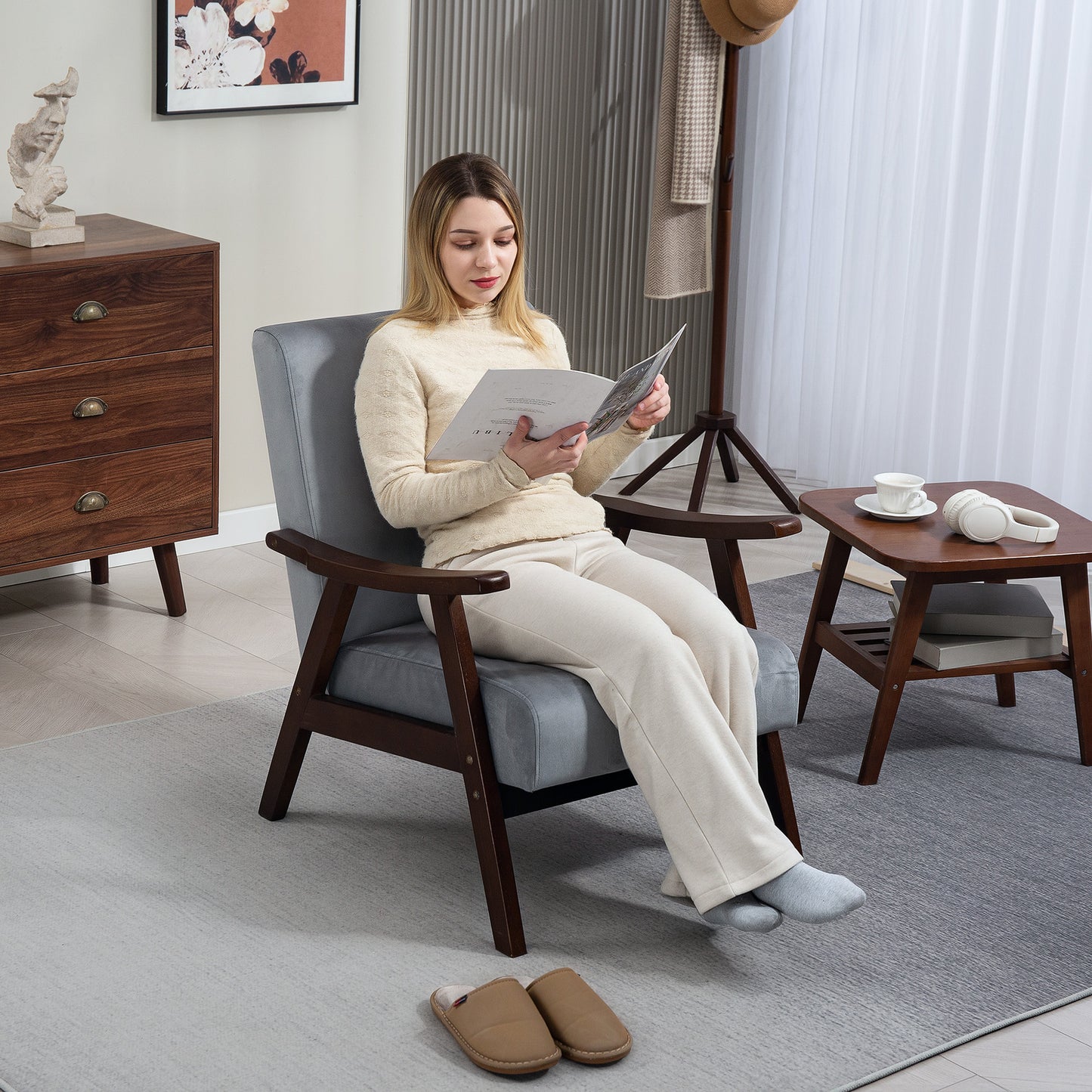 Faroro Velvet Grey Nordic Accent Armchair With Solid Wood Frame And Deep Padding