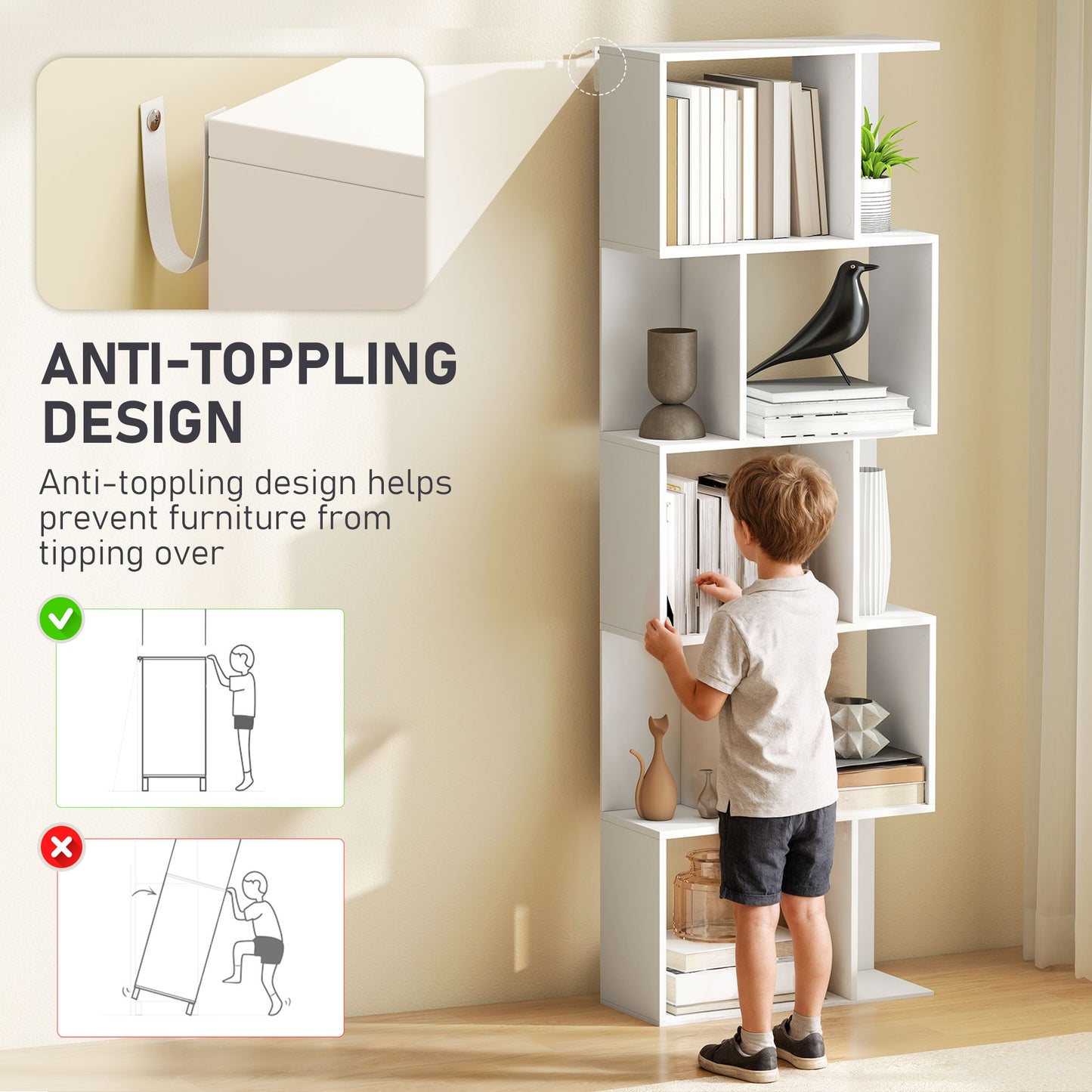 Matosu Wood White 5 Tier S ShaFauxd Freestanding Bookcase Display Unit