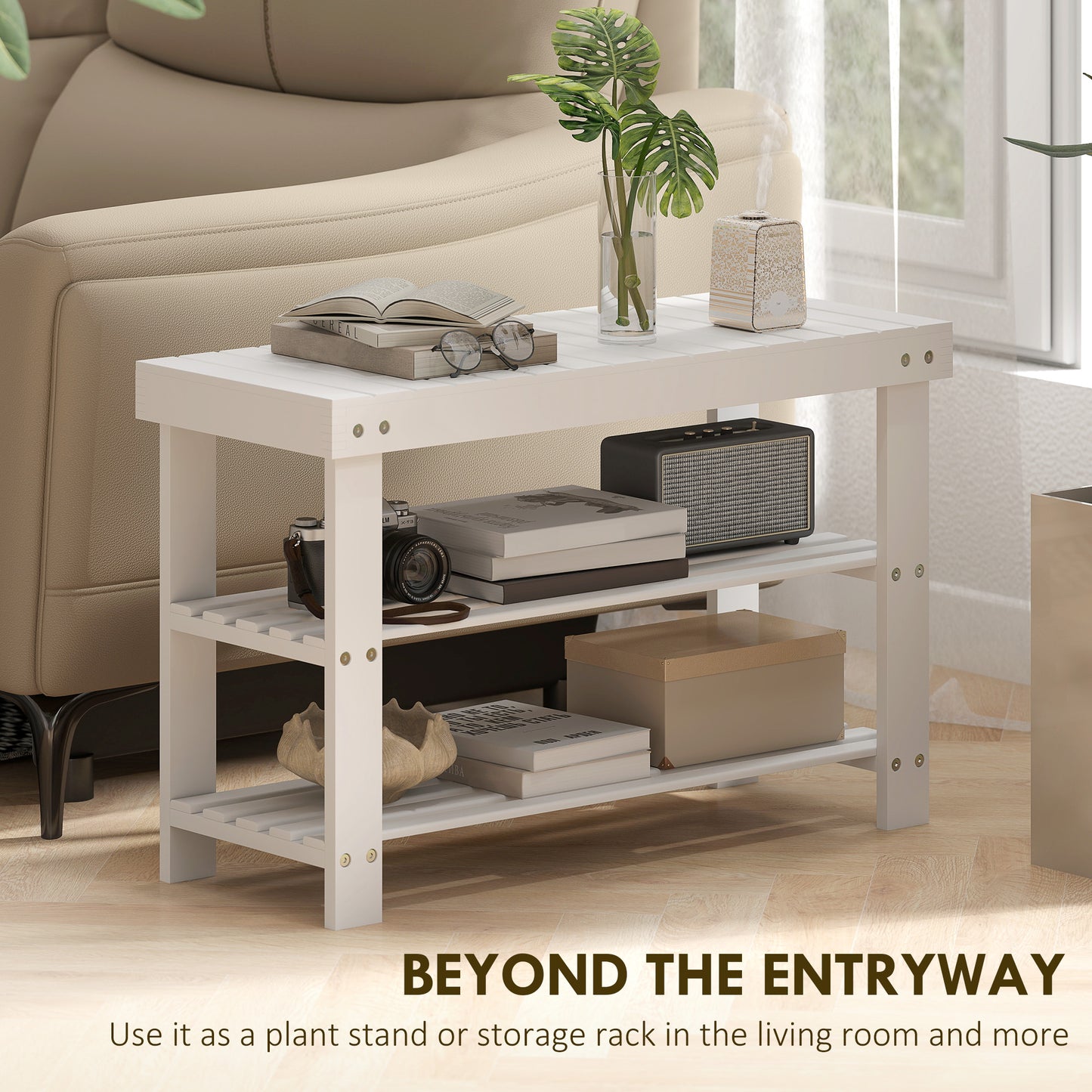 Riyo White Bamboo 2 Tier Shoe Storage Bench